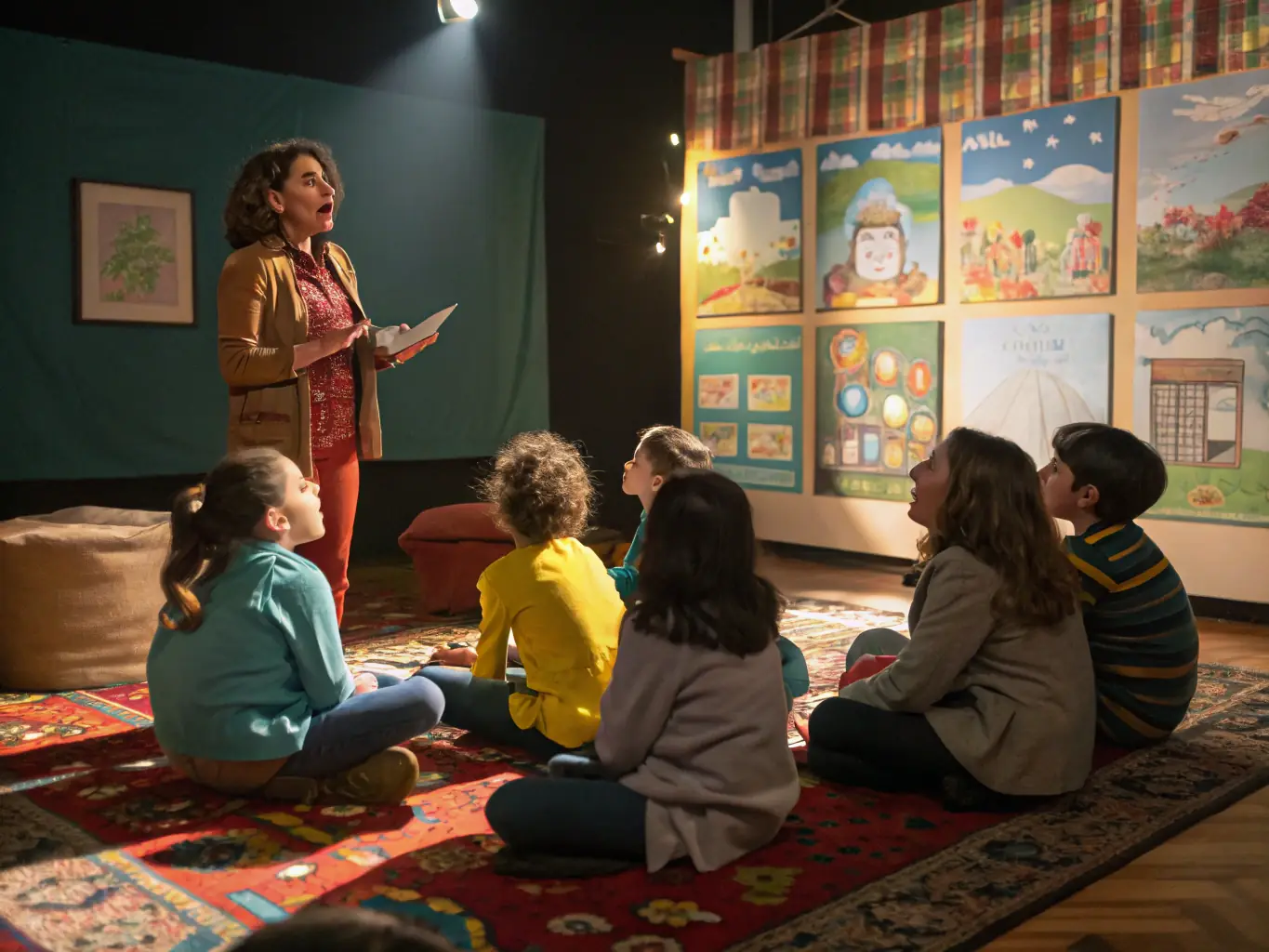 A vibrant image depicting children and adults engrossed in a storytelling session at FRDL, with a storyteller animatedly narrating a tale and the audience listening attentively.