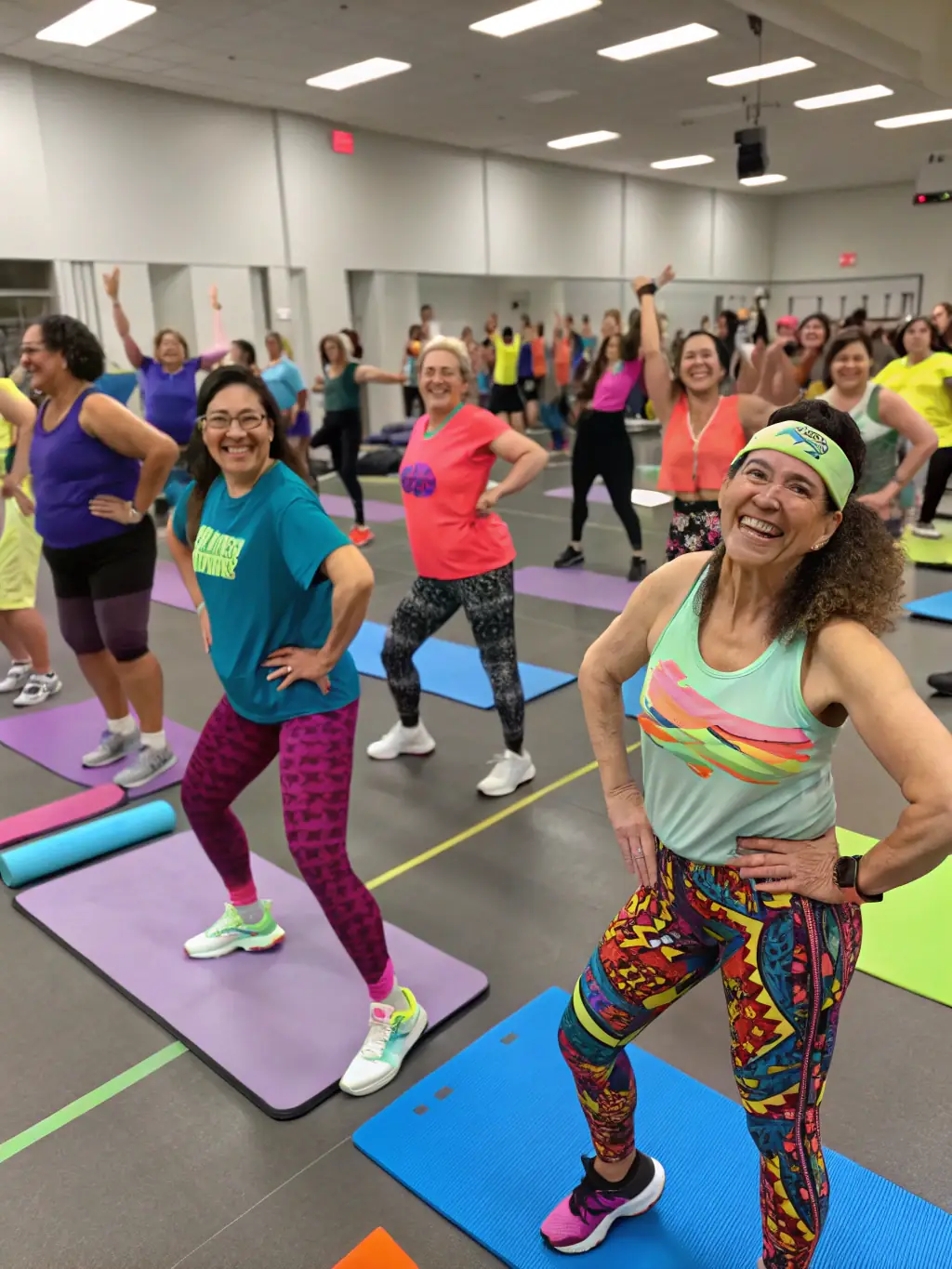 A dynamic image of a group of adults engaged in a fitness class at FRDL, demonstrating various exercises and a sense of community.