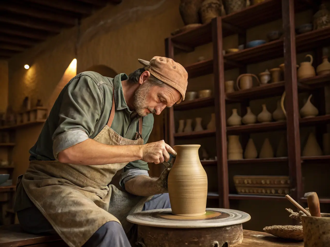 An image showcasing a group of community members actively participating in a pottery workshop at FRDL, with clay and tools visible on tables, and an instructor guiding the participants.