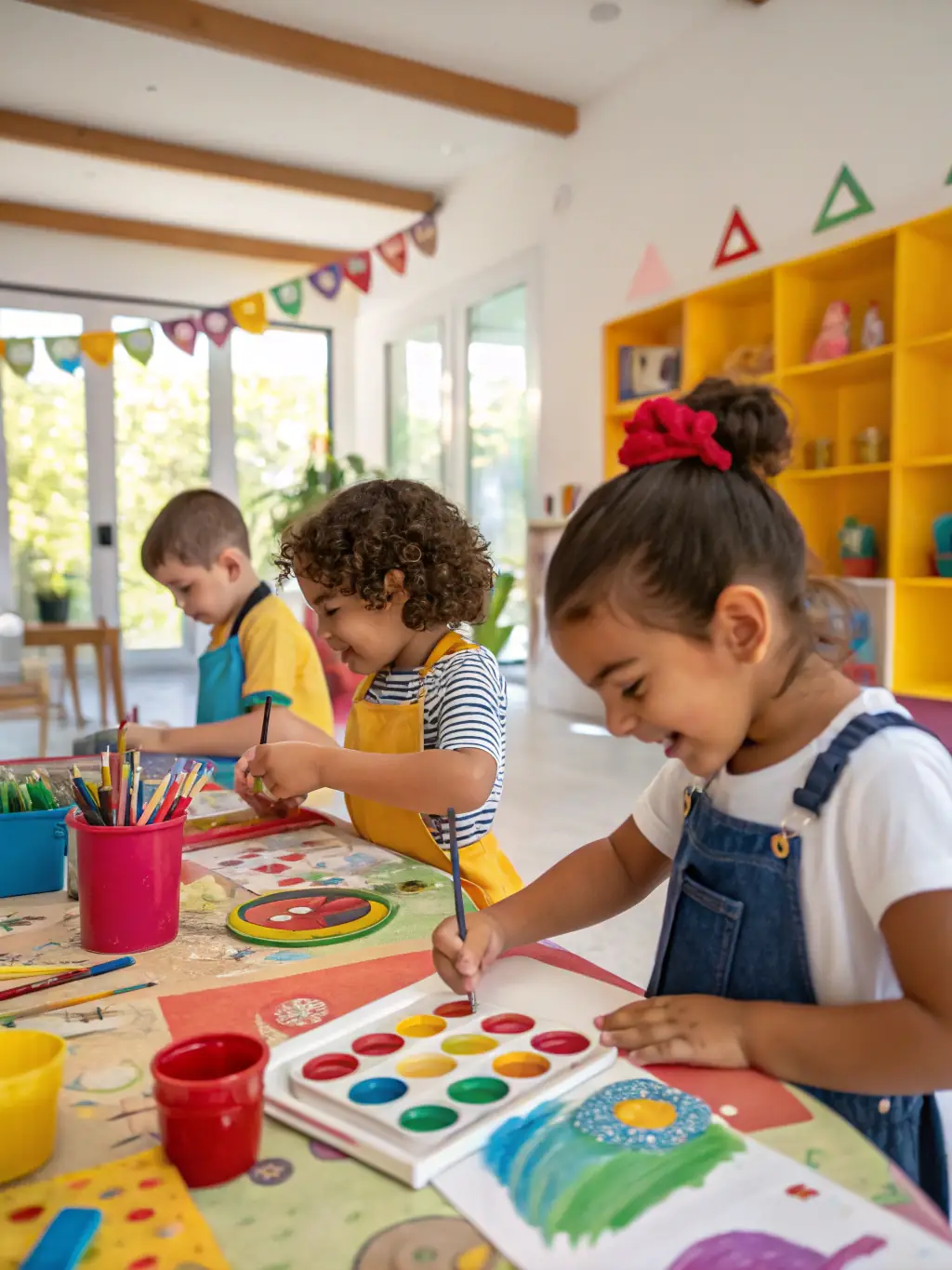 A vibrant photograph showcasing children participating in an art workshop at FRDL, with colorful paintings and happy expressions.